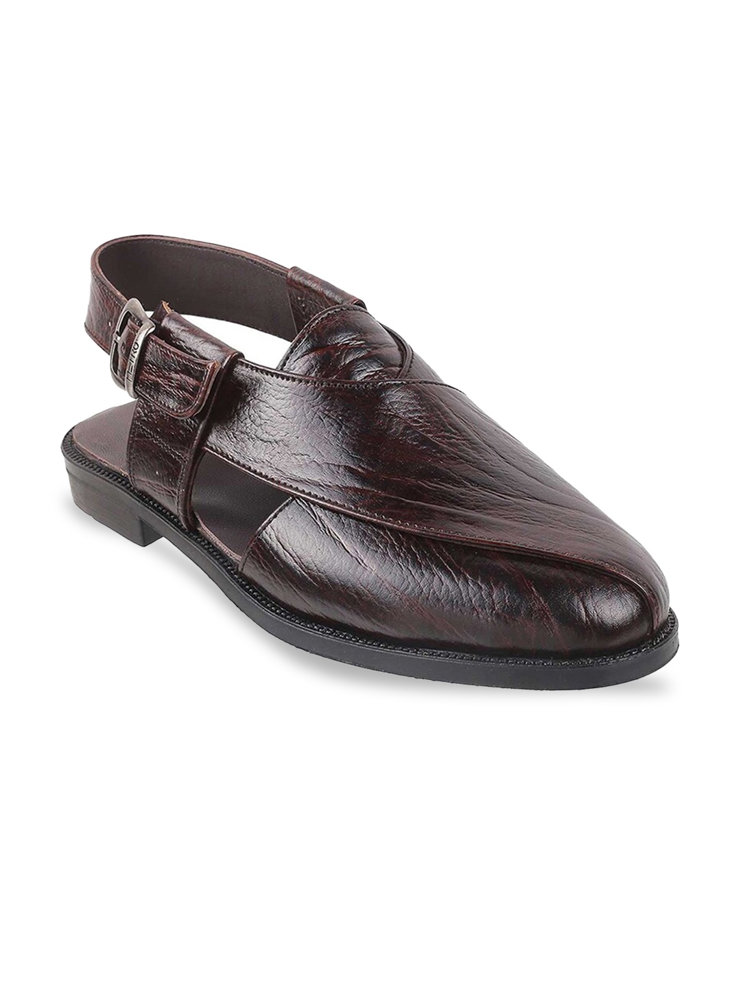 

Metro Men Brown Textured Leather Comfort Sandals with Buckles
