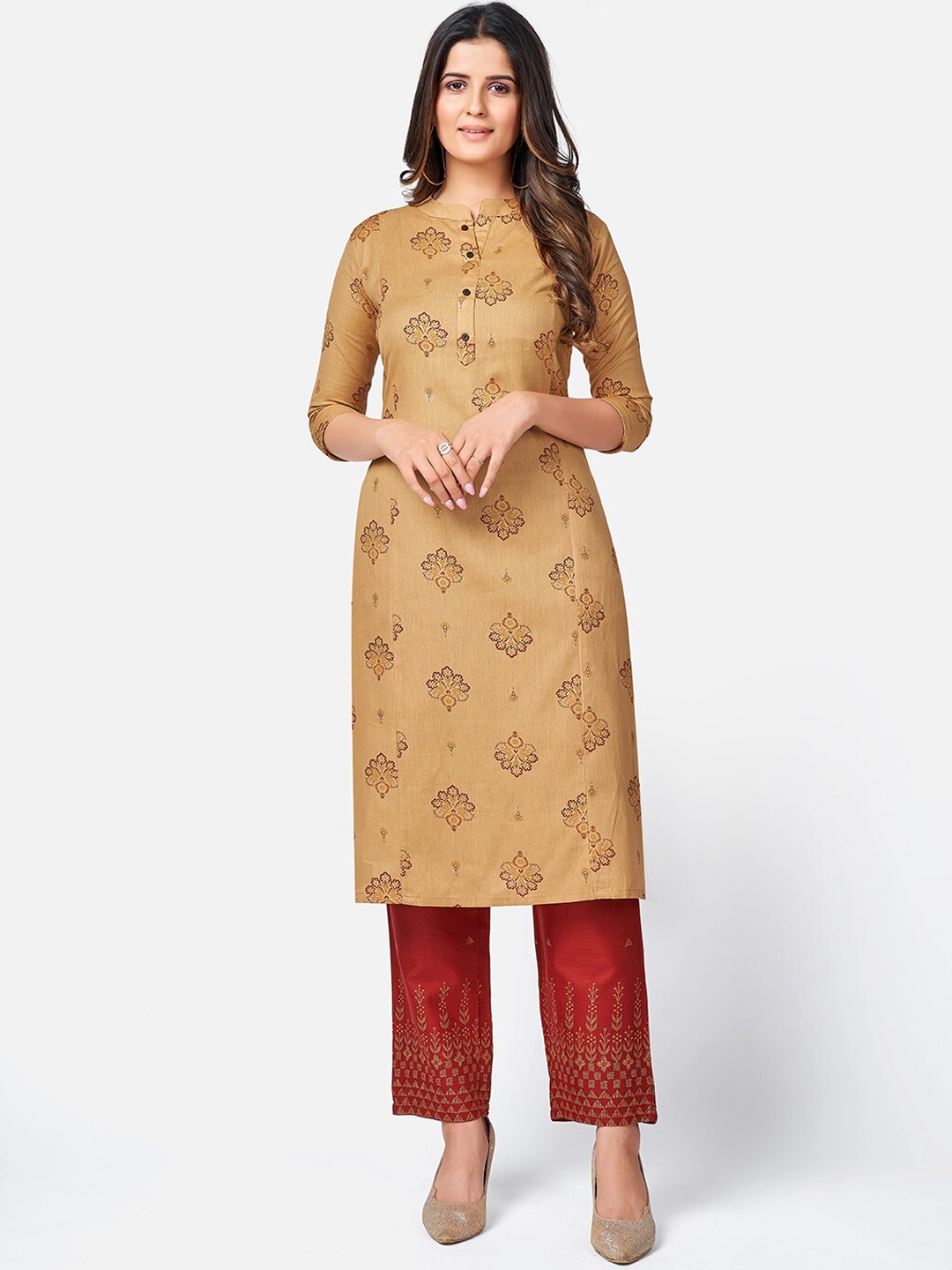 

KALINI Women Cream-Coloured Ethnic Motifs Printed Pure Cotton Kurta with Trousers
