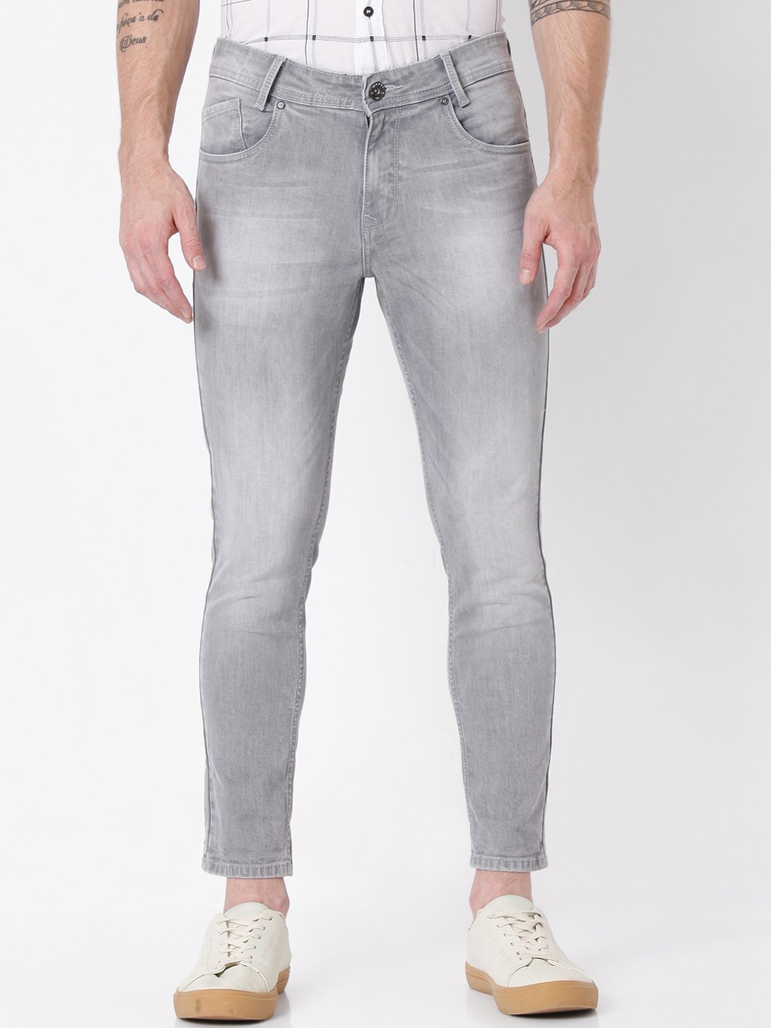 

Mufti Men Grey Slim Fit Low Distress Heavy Fade Cropped Jeans
