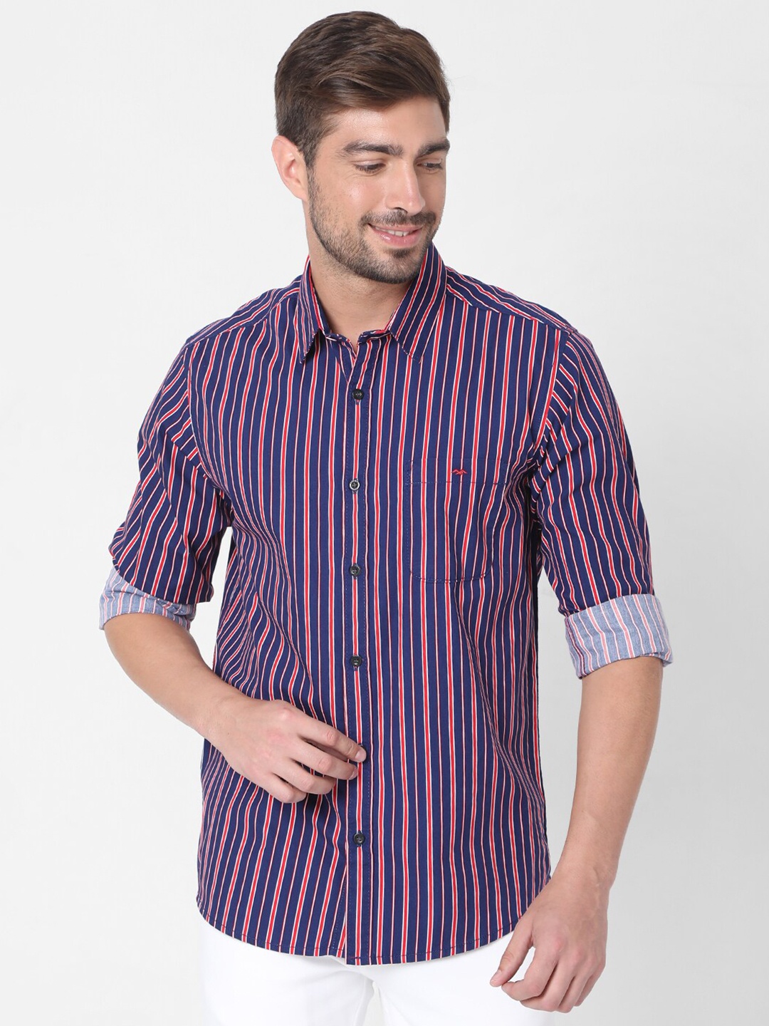 

Mufti Men Navy Blue Classic Slim Fit Striped Pure Cotton Casual Shirt