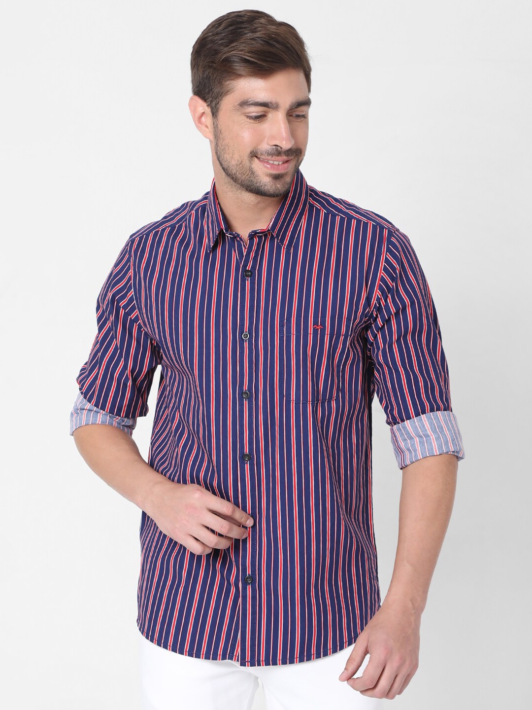 

Mufti Men Navy Blue Classic Slim Fit Striped Casual Shirt