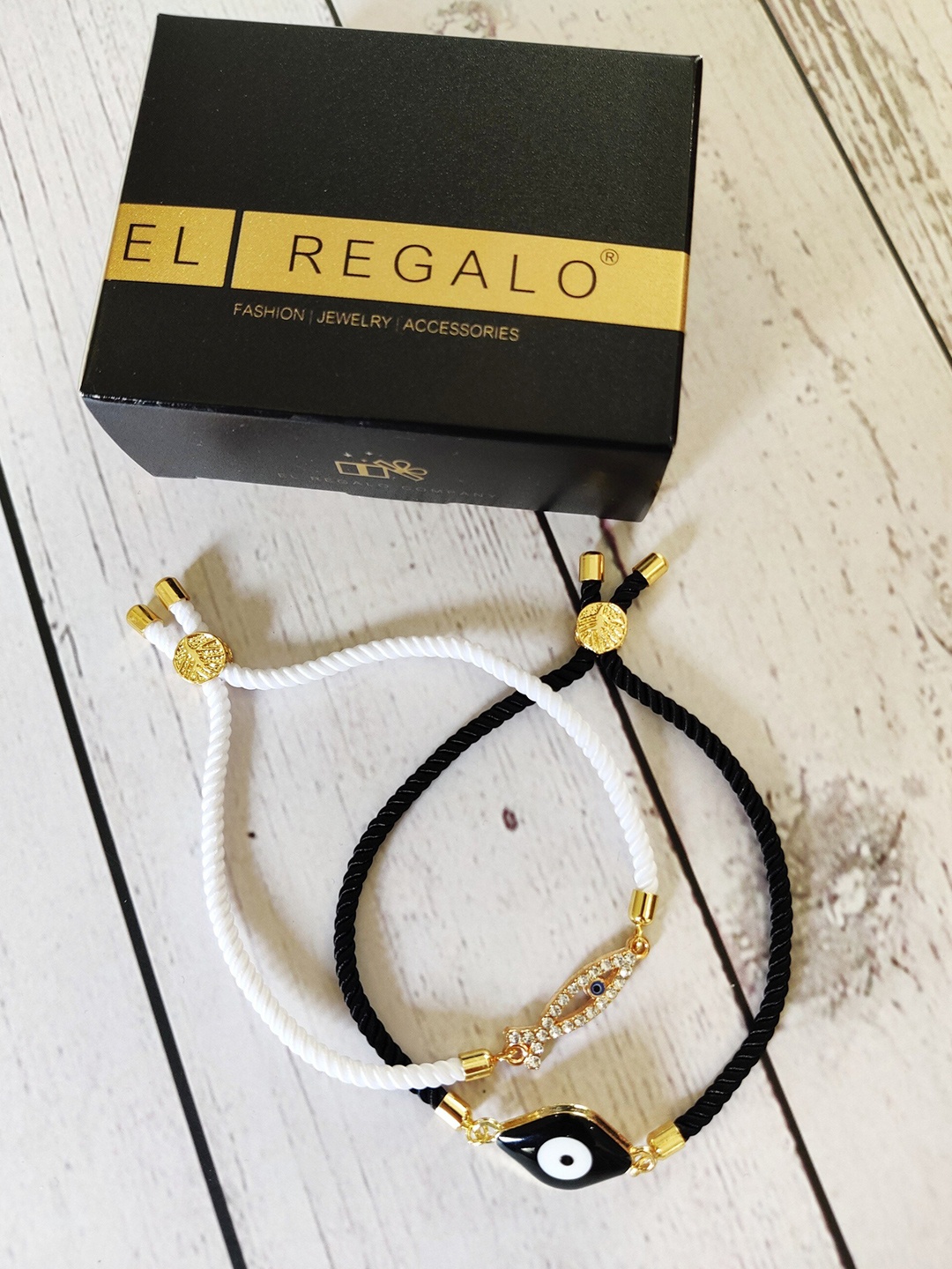 

EL REGALO Unisex Set of 2 White & Black Gold-Plated Evil Eye Charm Bracelet Combo
