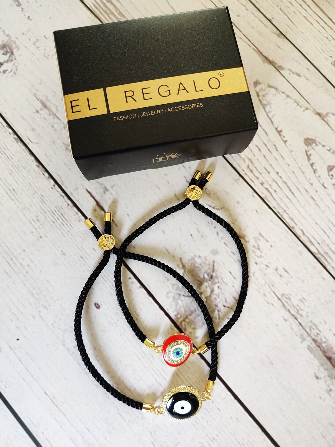 

EL REGALO Unisex Set Of 2 Gold-Toned & Black Evil Eye Gold-Plated Charm Bracelet