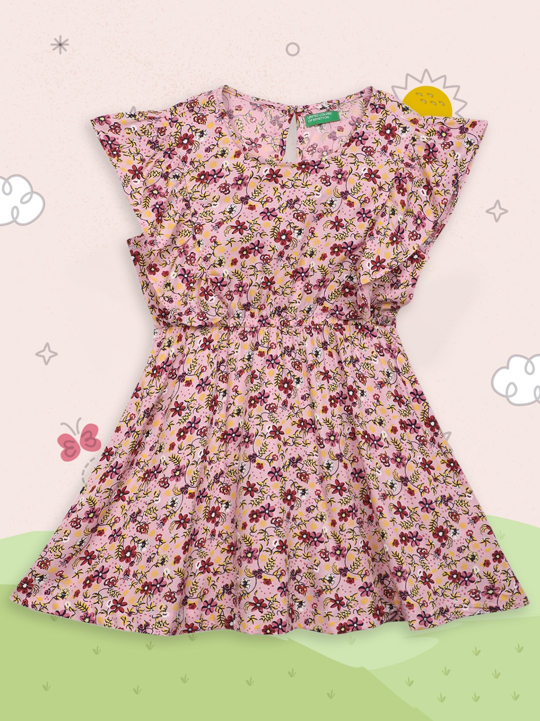 

United Colors of Benetton Girls Pink Floral Flutter Sleeves Dress