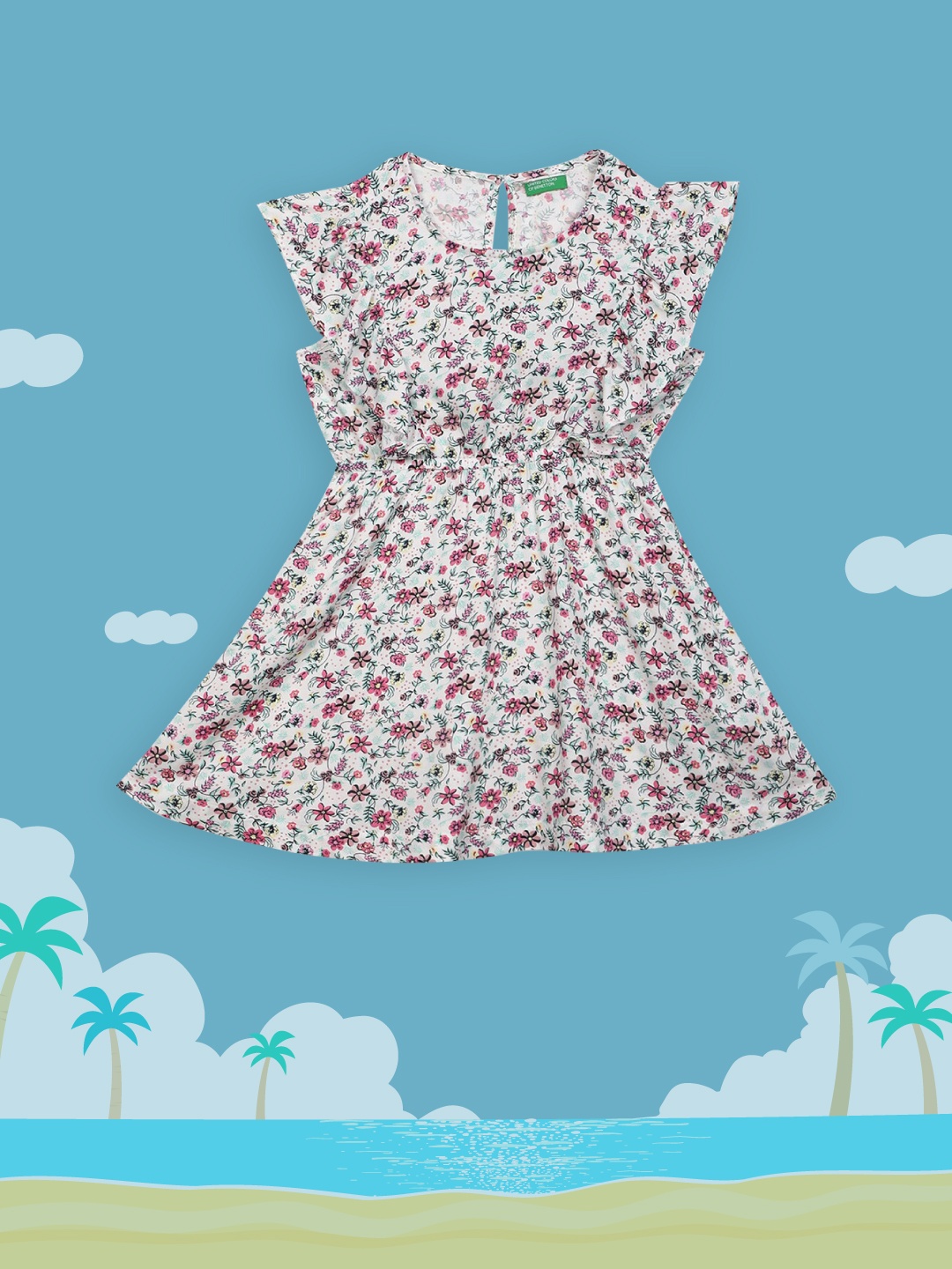 

United Colors of Benetton White Flutter Sleeves Floral Dress
