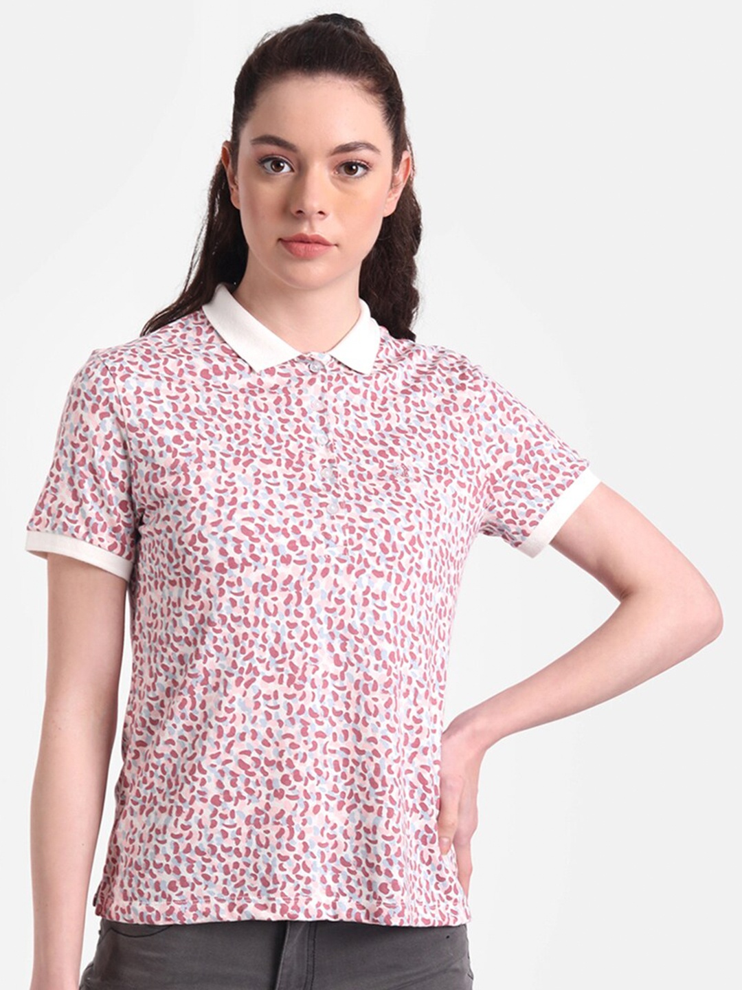 

United Colors of Benetton Women White Printed Polo Collar T-shirt