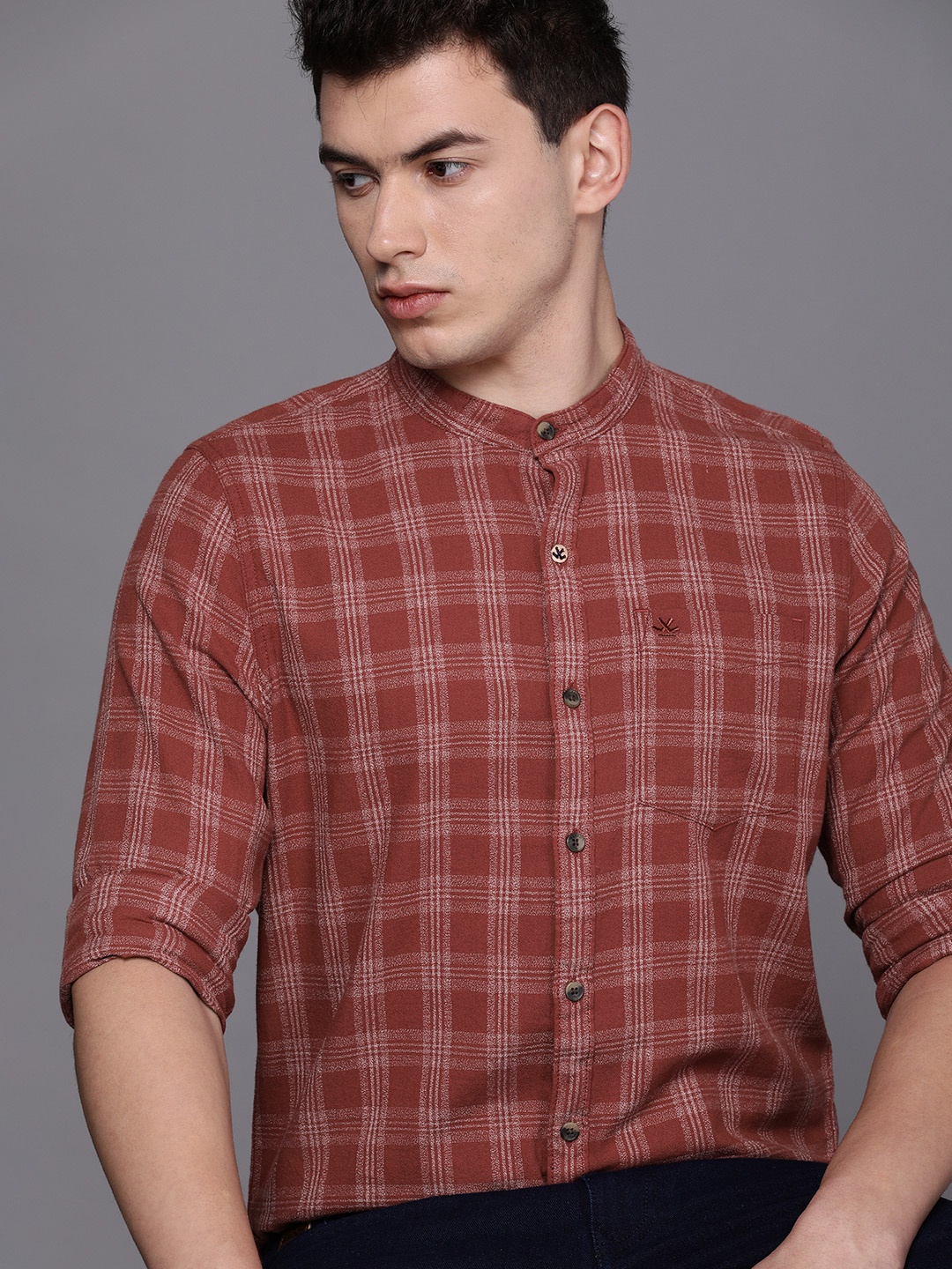 

WROGN Men Red & White Slim Fit Checked Mandarain collar Casual Shirt