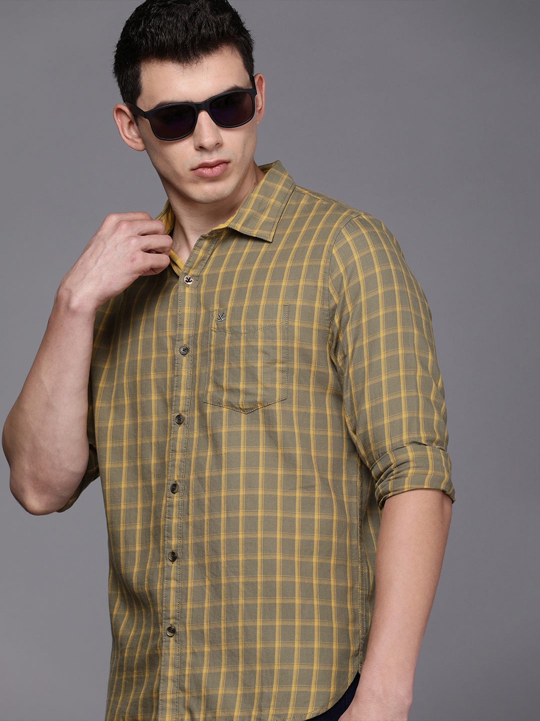 

WROGN Men Green & Brown Slim Fit Checked Pure Cotton Casual Shirt