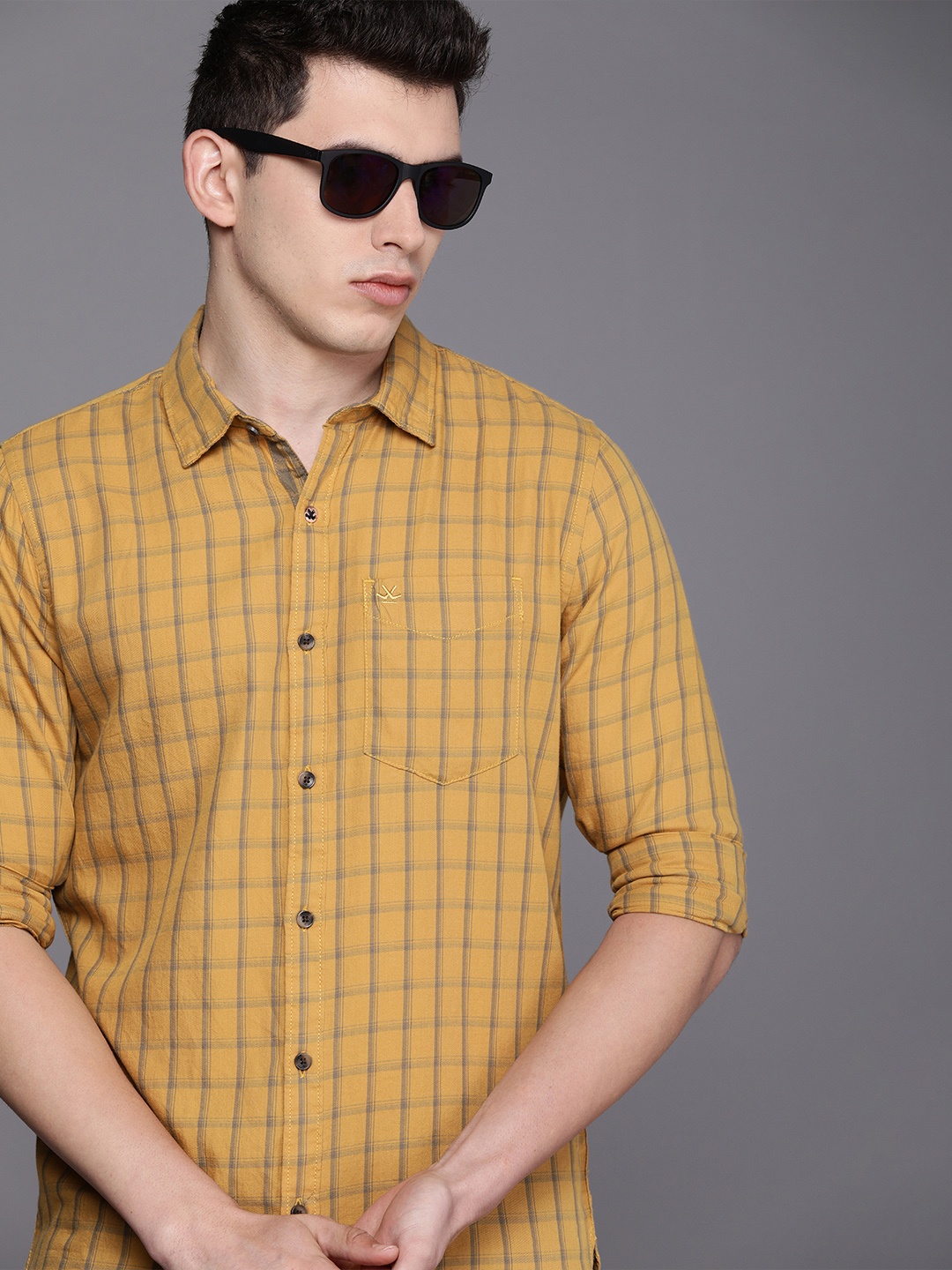 

WROGN Men Mustard And Sage Green Slim Fit Checked Pure Cotton Casual Shirt