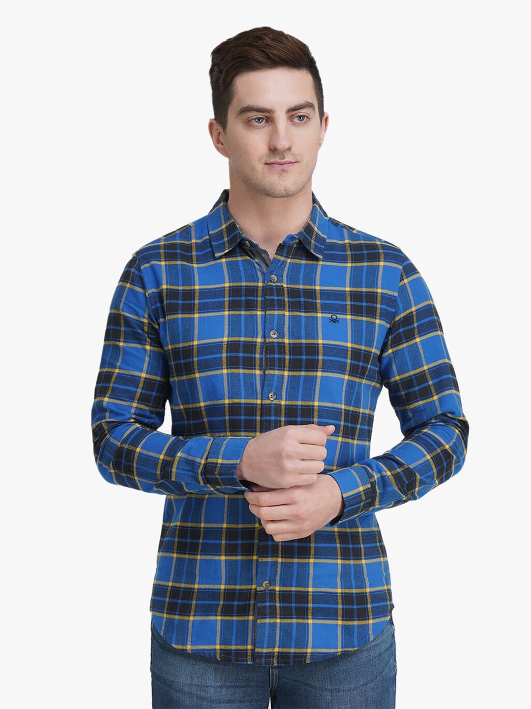 

United Colors of Benetton Men Blue Slim Fit Tartan Checks Checked Casual Shirt