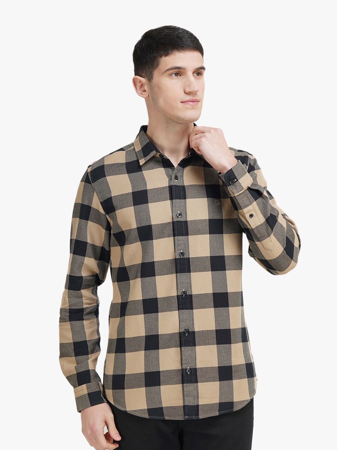 

United Colors of Benetton Men Beige Slim Fit Buffalo Checks Checked Casual Shirt