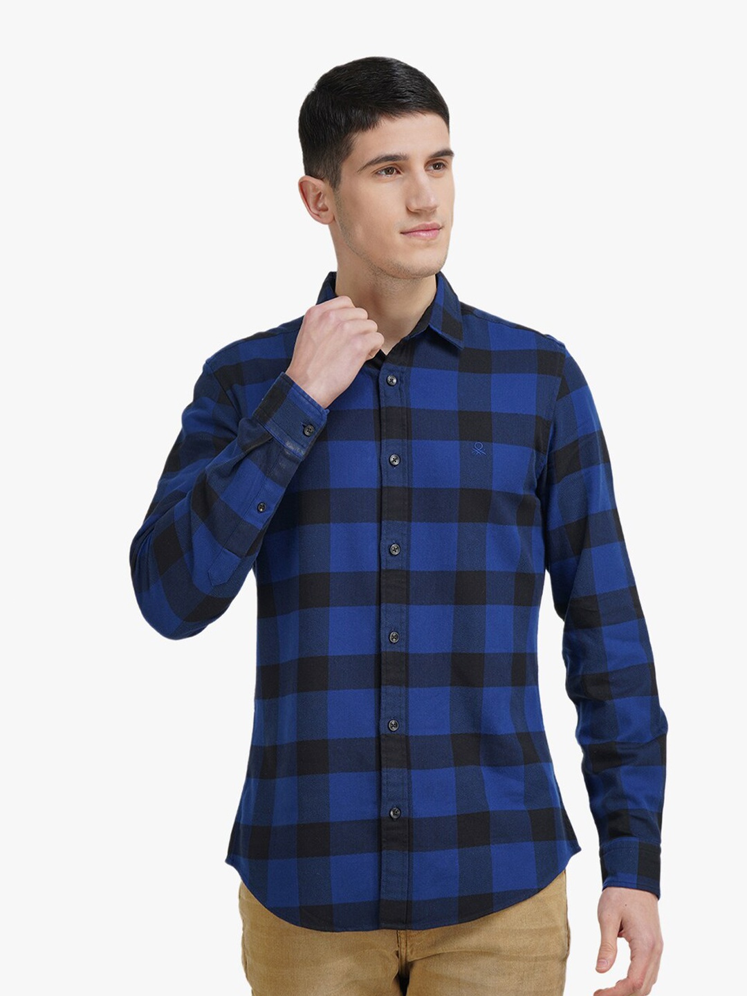 

United Colors of Benetton Men Blue Slim Fit Buffalo Checks Checked Casual Shirt