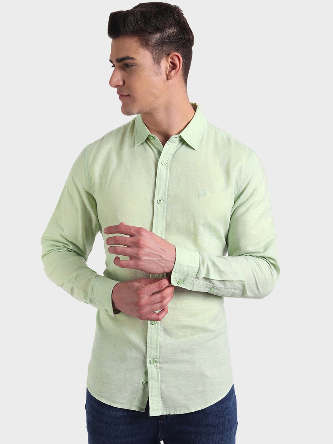 

United Colors of Benetton Men Green Slim Fit Linen Casual Shirt
