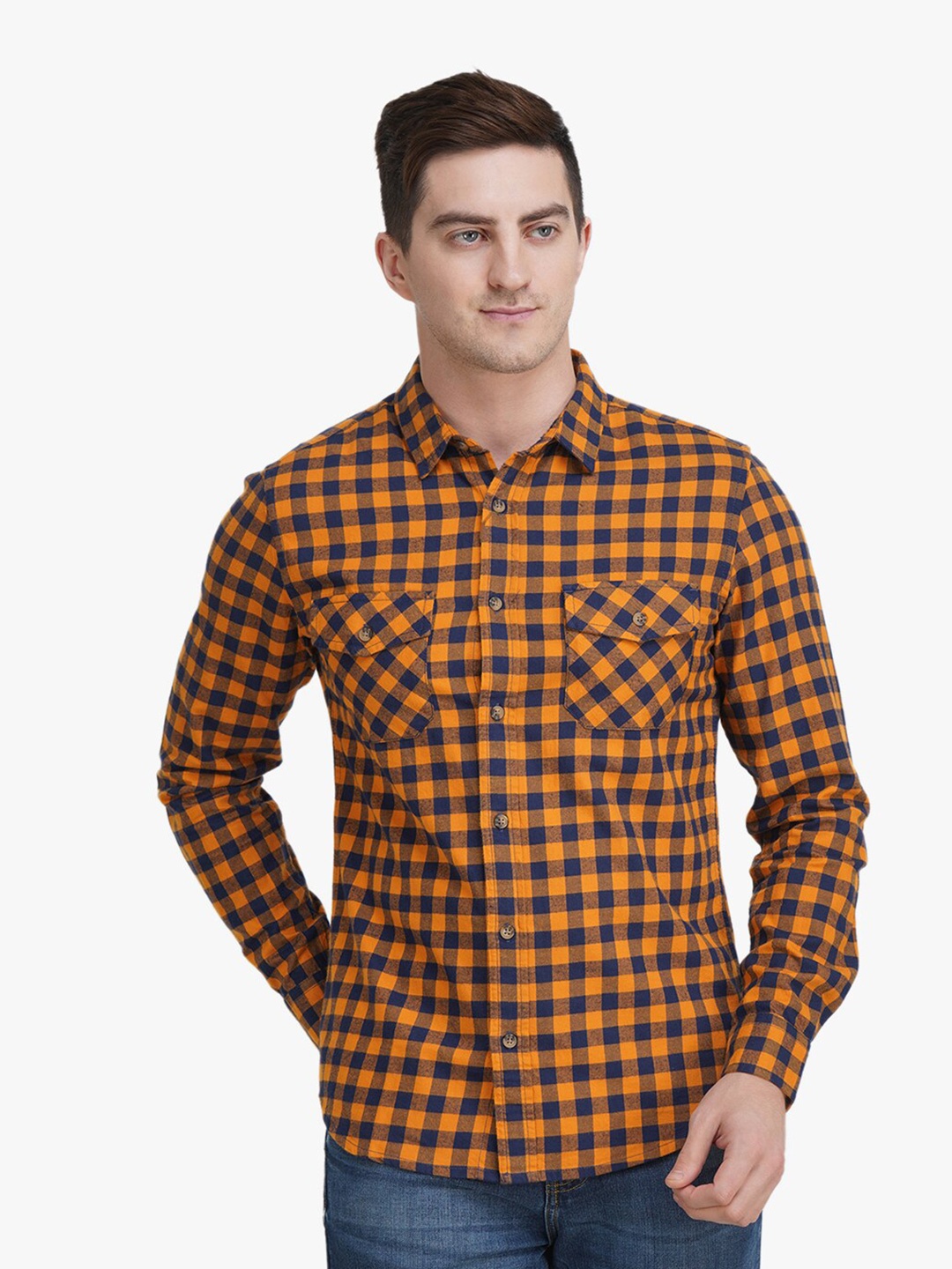 

United Colors of Benetton Men Yellow Slim Fit Gingham Checks Cotton Casual Shirt