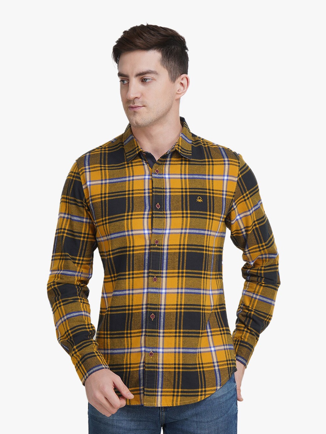 

United Colors of Benetton Men Yellow Slim Fit Tartan Checked Cotton Casual Shirt