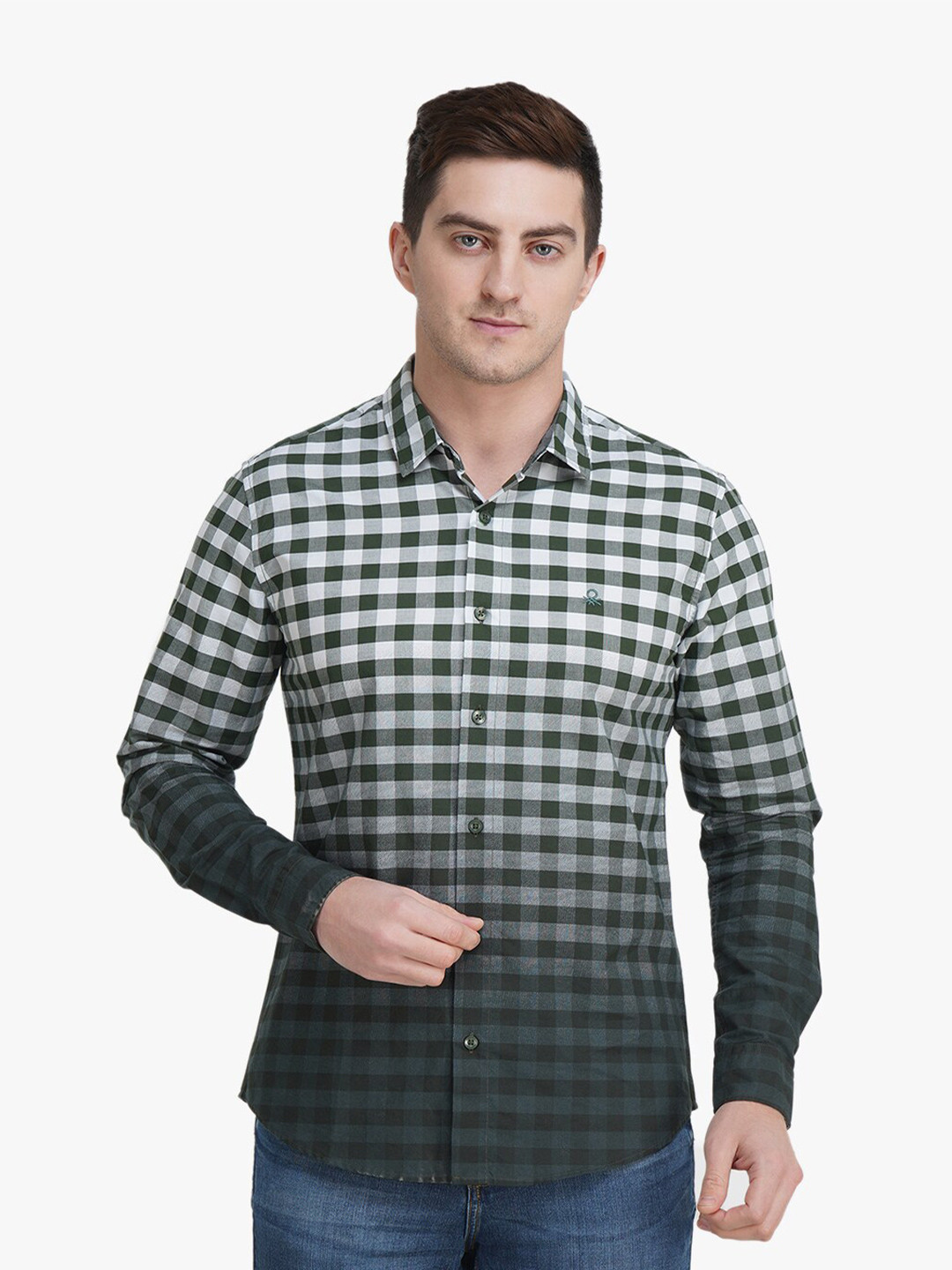 

United Colors of Benetton Men White Slim Fit Gingham Checked Cotton Casual Shirt