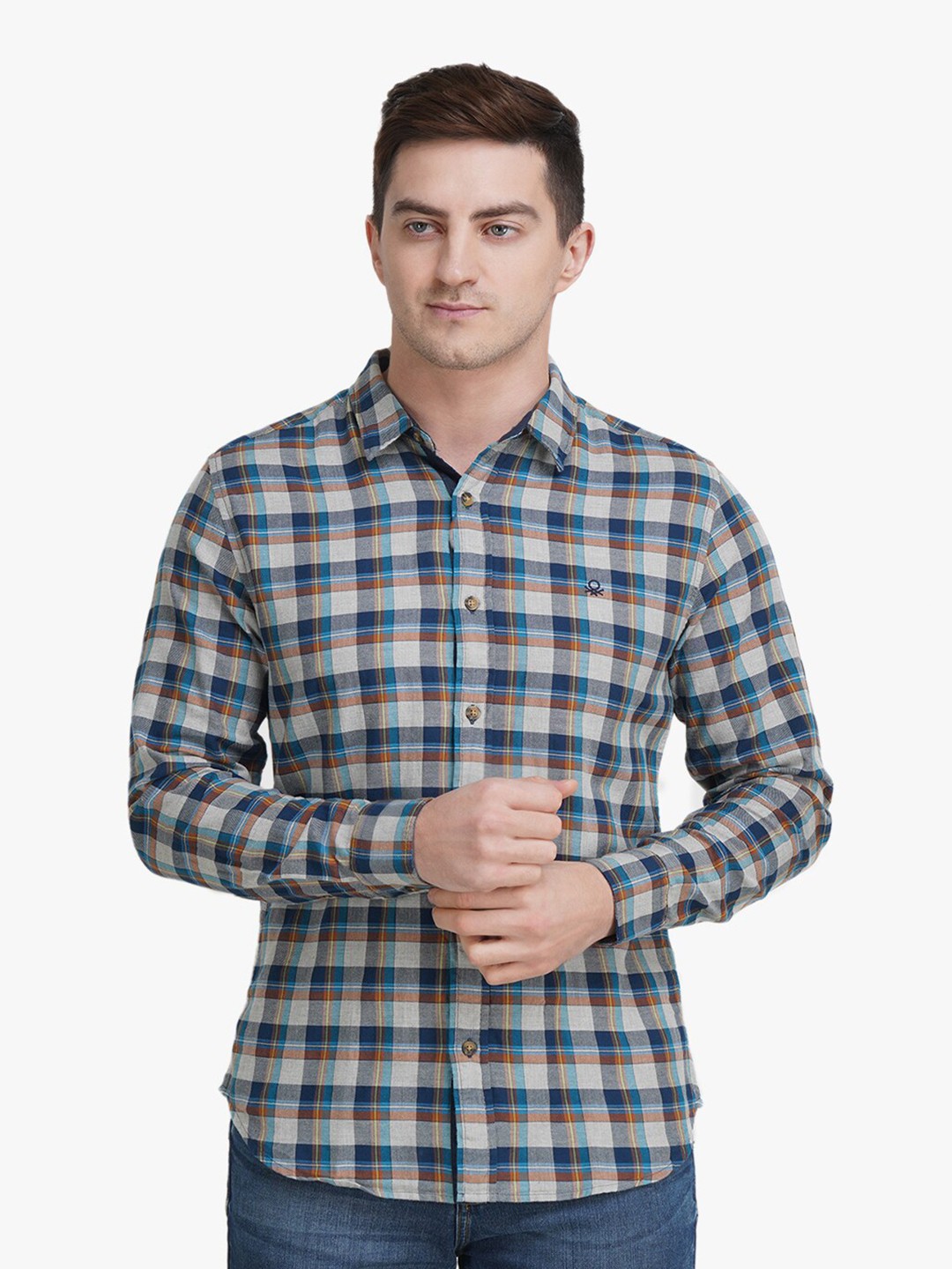 

United Colors of Benetton Men Blue Slim Fit Checked Casual Shirt