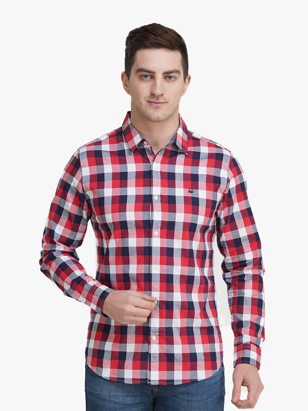 

United Colors of Benetton Men Red Slim Fit Gingham Checks Checked Casual Shirt