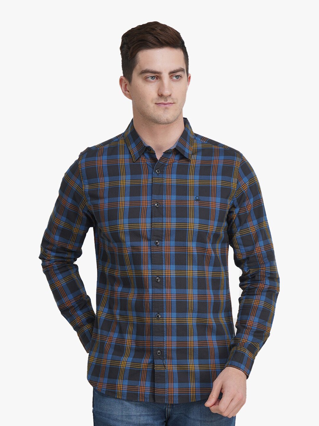

United Colors of Benetton Men Blue Slim Fit Tartan Checks Checked Casual Shirt
