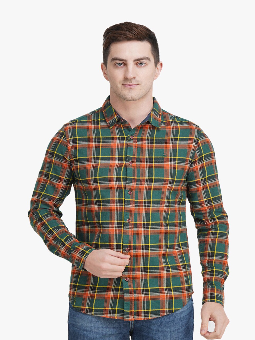 

United Colors of Benetton Men Green Slim Fit Tartan Checks Cotton Casual Shirt