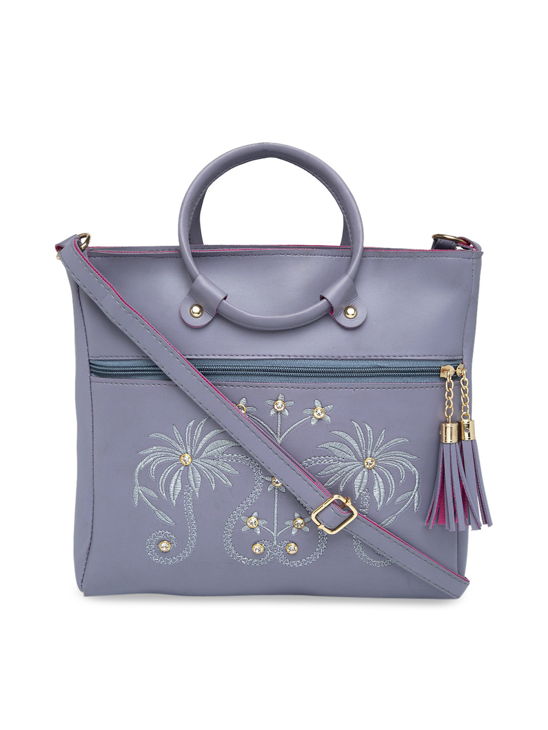

borse lele Grey Floral PU Structured Handheld Bag with Tasselled