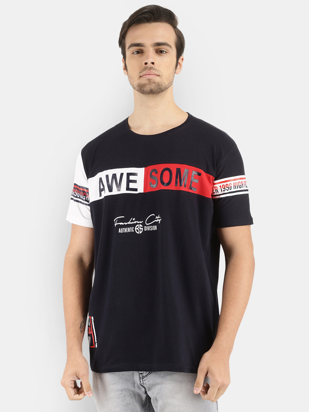 

V-Mart Men Navy Blue & White Typography Printed T-shirt
