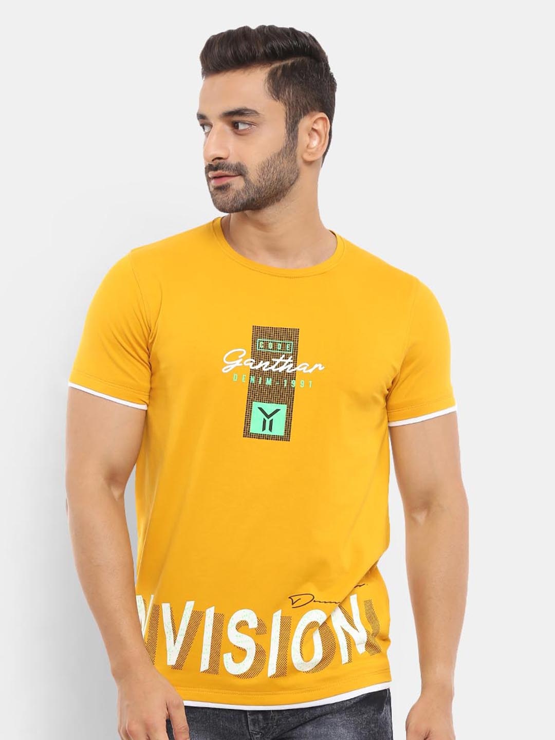 

V-Mart Men Mustard Yellow Typography Printed Regular Fit T-shirt