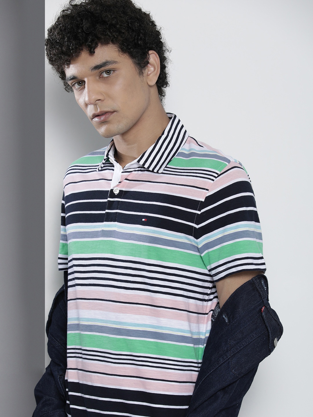 

Tommy Hilfiger Men Multi-coloured Striped Polo Collar Pure Cotton T-shirt, White