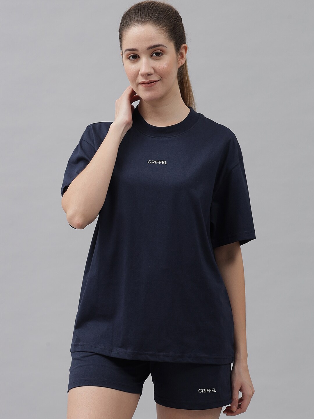 

GRIFFEL Women Navy Blue Pure Cotton T-shirt with Shorts
