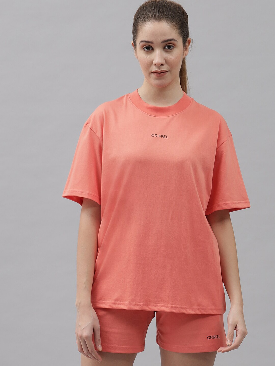 

GRIFFEL Women Peach-Coloured Pure Cotton T-shirt with Shorts