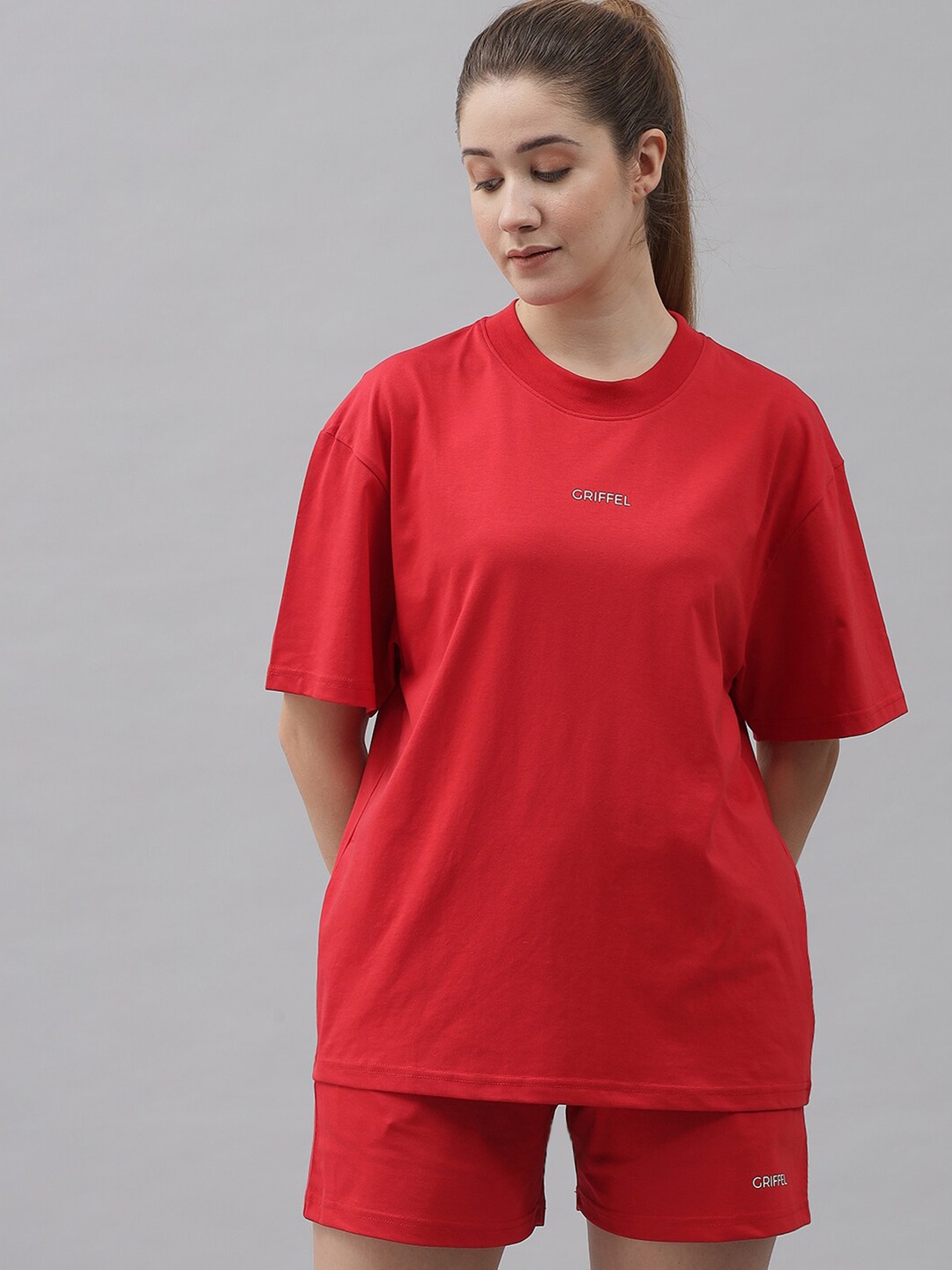 

GRIFFEL Women Red Pure Cotton T-shirt with Shorts