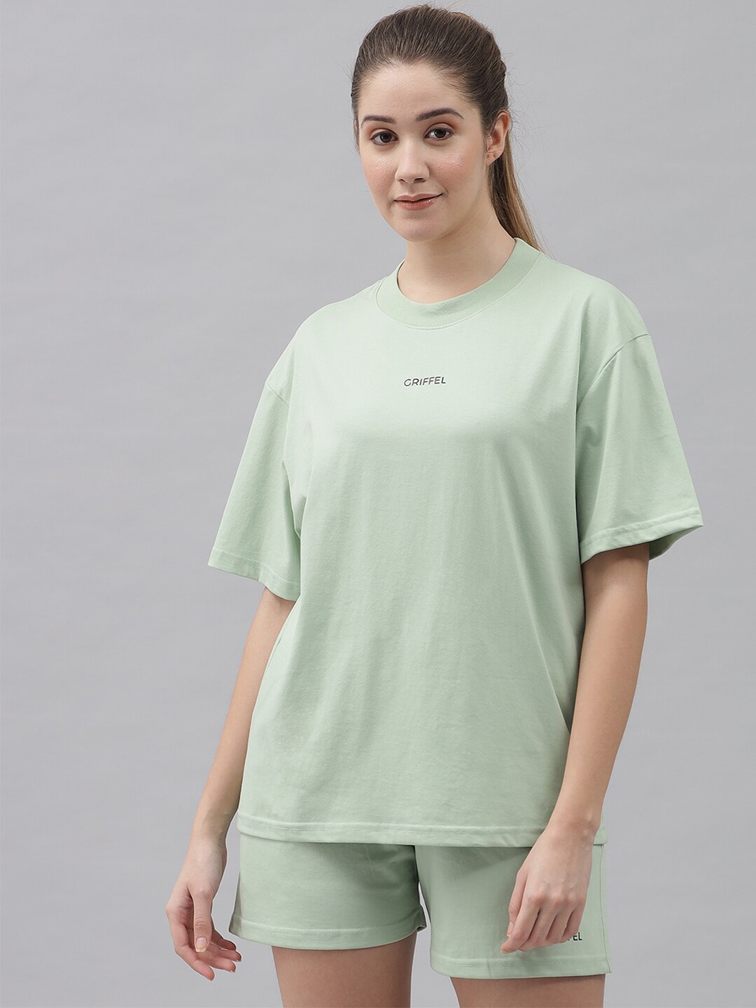 

GRIFFEL Women Sea Green Cotton T-shirt with Shorts