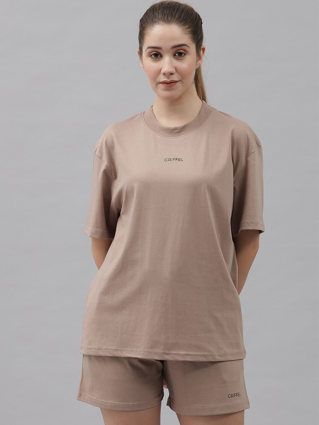 

GRIFFEL Women Brown Solid Pure Cotton T-shirt with Shorts