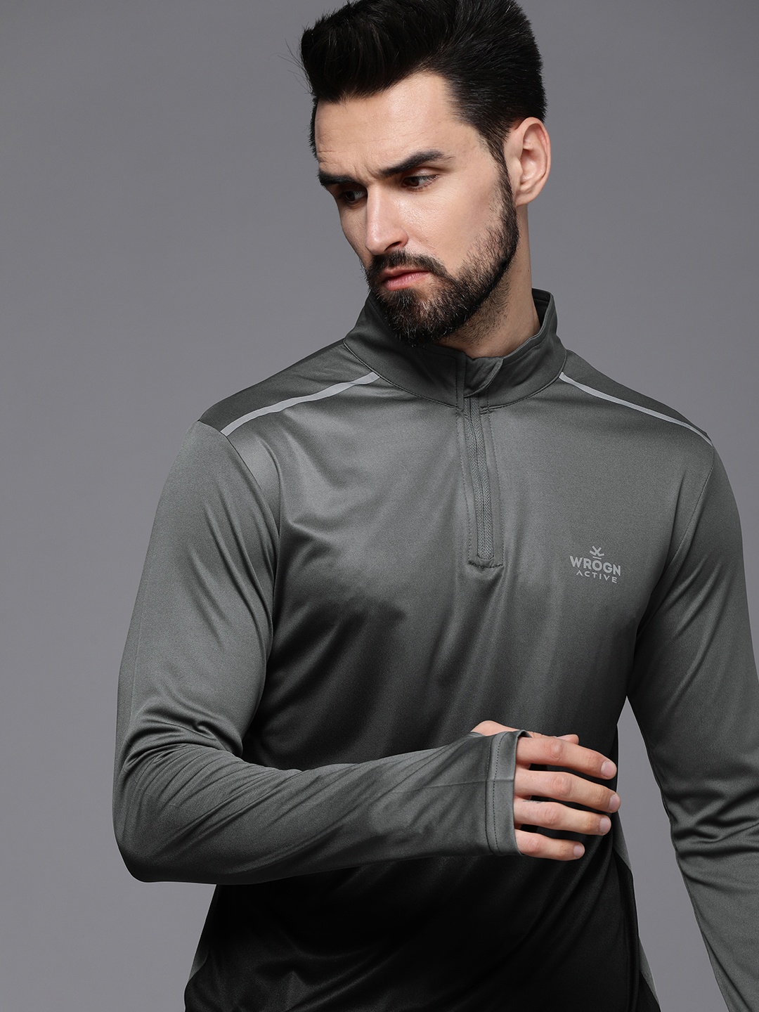 

WROGN ACTIVE Men Grey Solid Full Sleeves Mandarin Collar Casual T-shirt