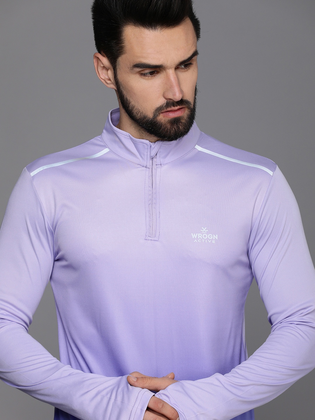 

WROGN ACTIVE Men Lavender Brand Logo Printed High Neck Slim Fit T-shirt