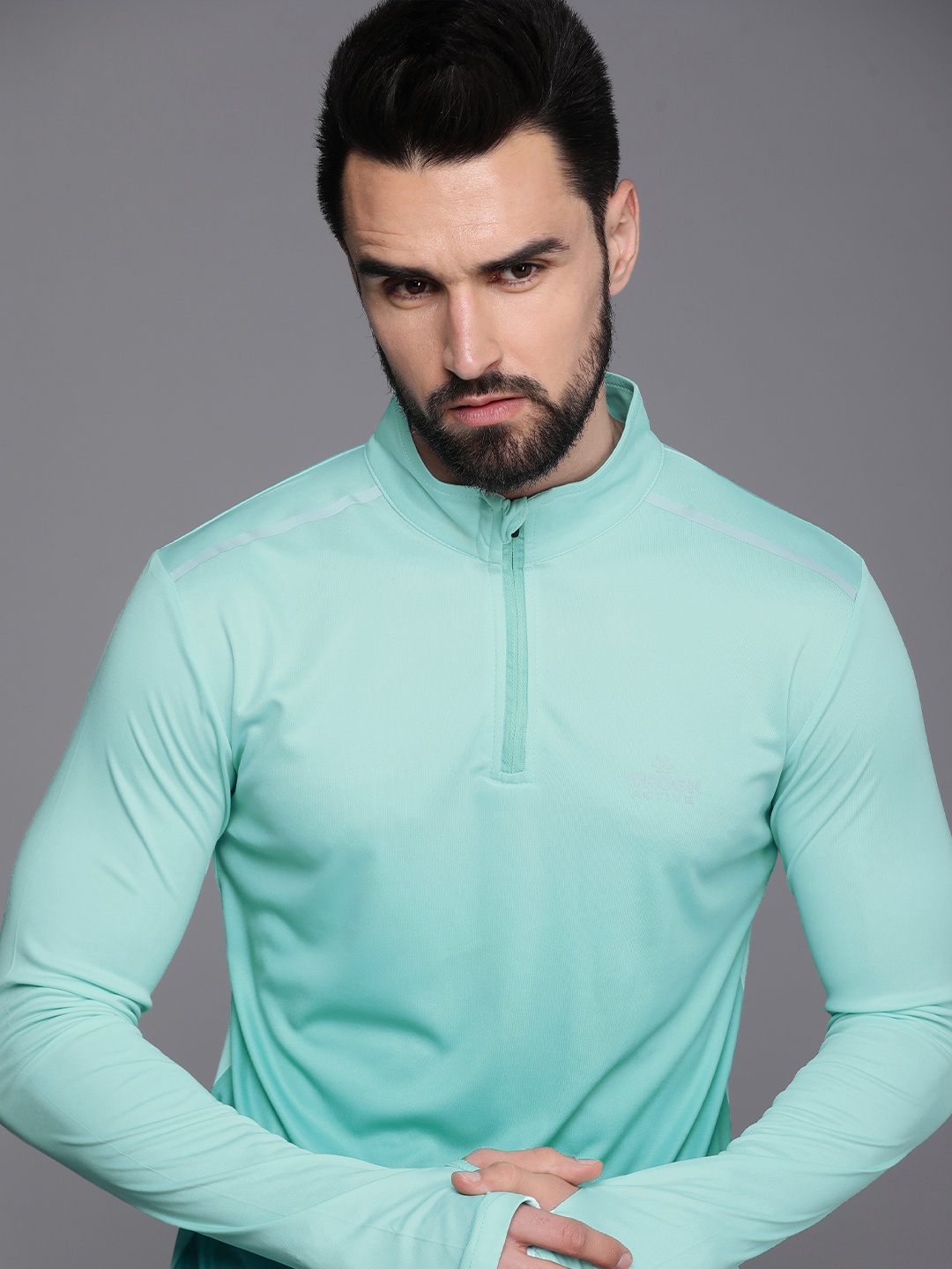 

WROGN ACTIVE Men Blue Mandarin Collar T-shirt