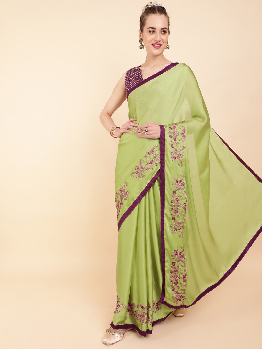 

Sangria Olive Green & Purple Embroidered Satin Saree