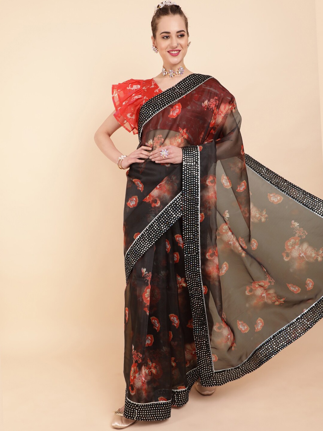 

Sangria Black & Red Floral Sequinned Organza Saree