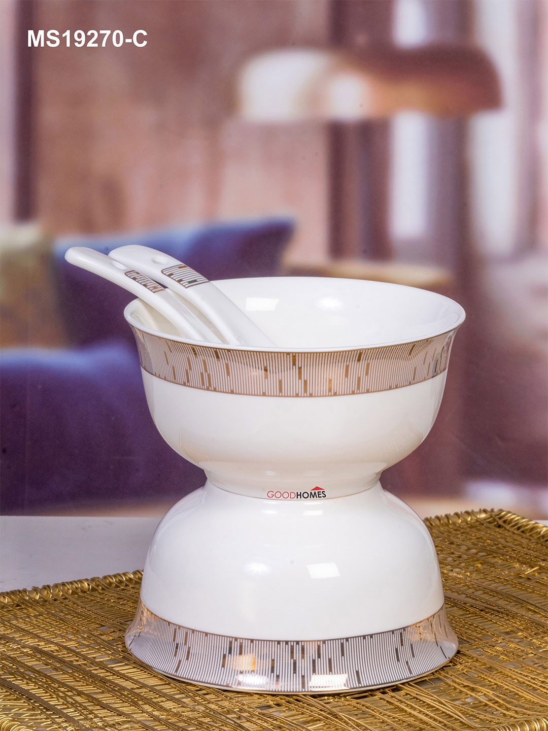 

GOODHOMES Set Of 6 White Printed Porcelain Glossy Bowls With Spoons