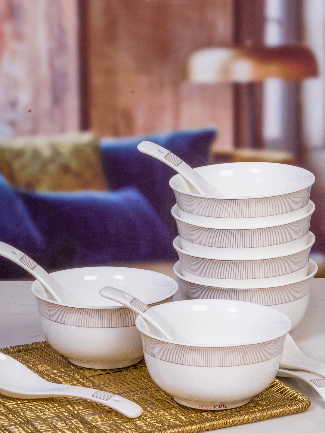 

GOODHOMES White 12 Piece Printed Porcelain Glossy Soup Bowls with Spoons Set