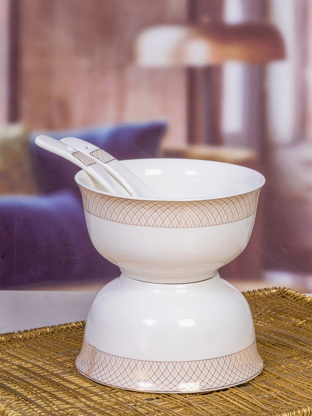 

GOODHOMES White & Gold-Toned Printed Porcelain Glossy Bowls & Spoons Set Of 12 Pieces