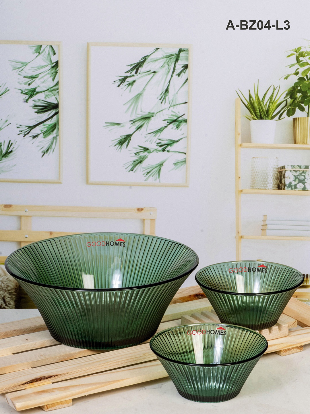 

GOODHOMES Green 3 Pieces Printed Glass Glossy Bowls