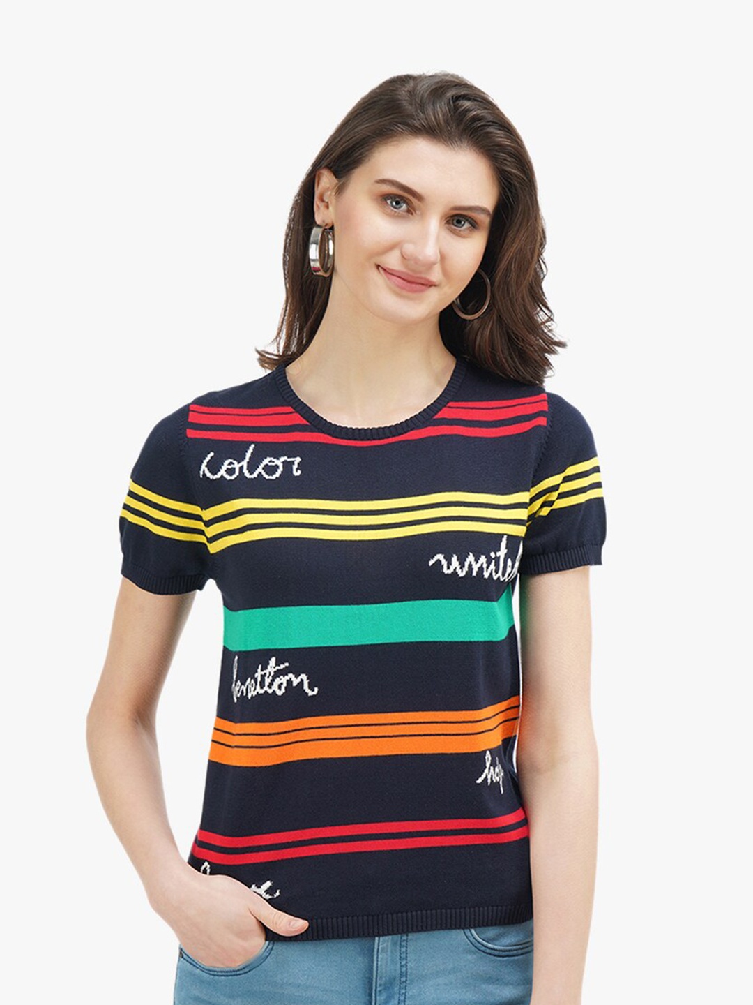 

United Colors of Benetton Navy Blue Striped Cotton Casual Top