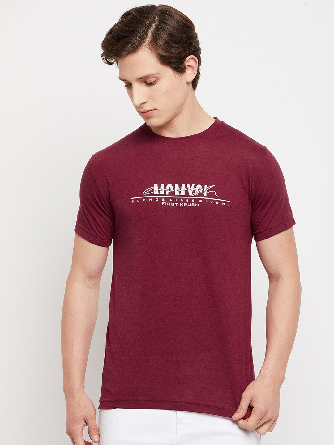 

FirstKrush Men Maroon Typography Printed Regular Fit Cotton T-shirt