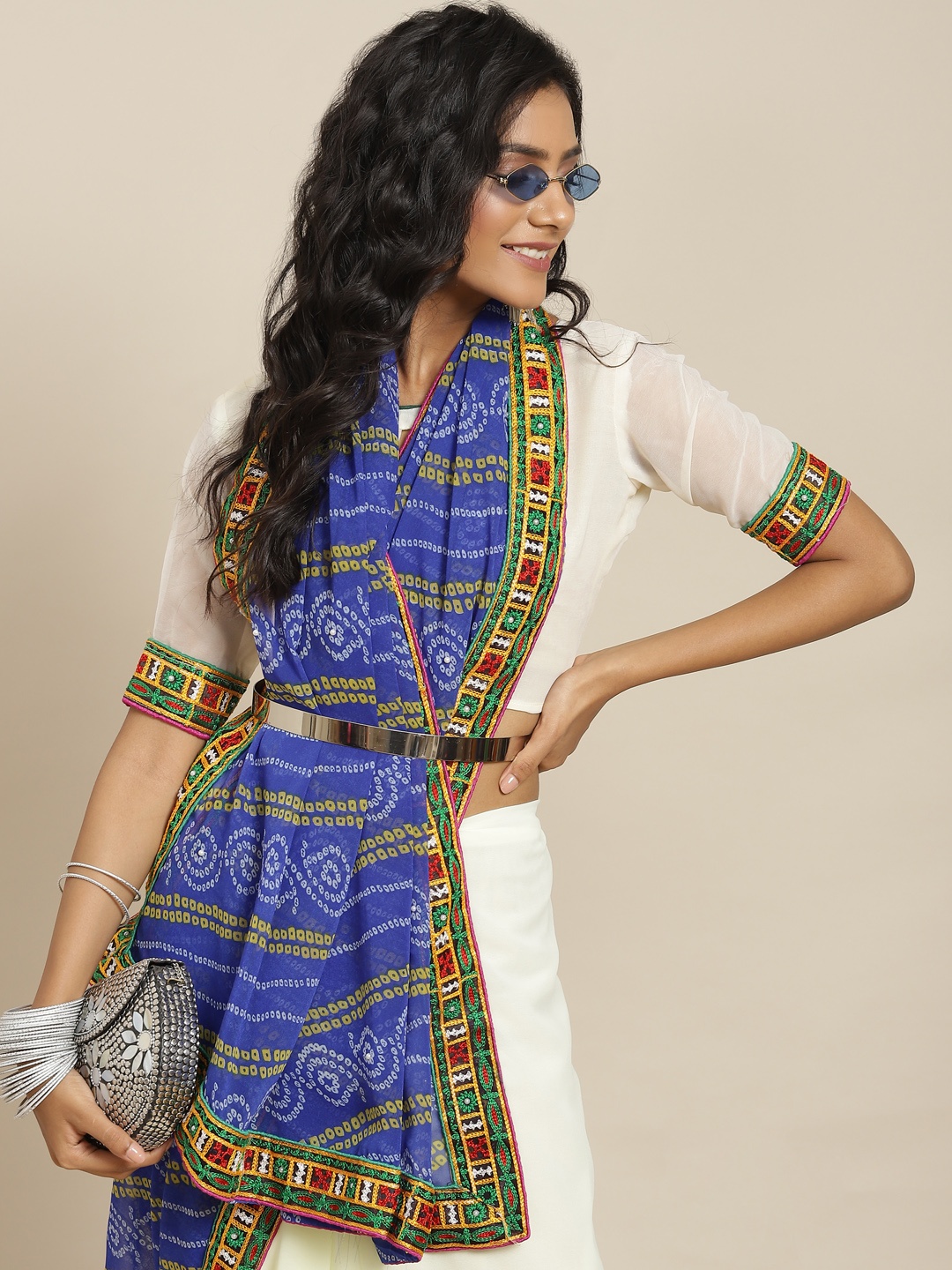 

SERONA FABRICS Blue & White Bandhani Kutchi Embroidery Pure Georgette Saree