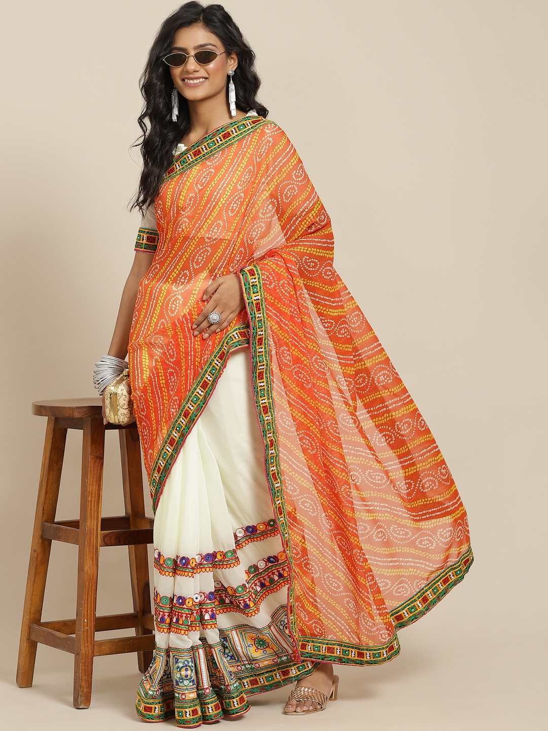 

SERONA FABRICS Orange & Off White Bandhani Kutchi Embroidery Pure Georgette Saree