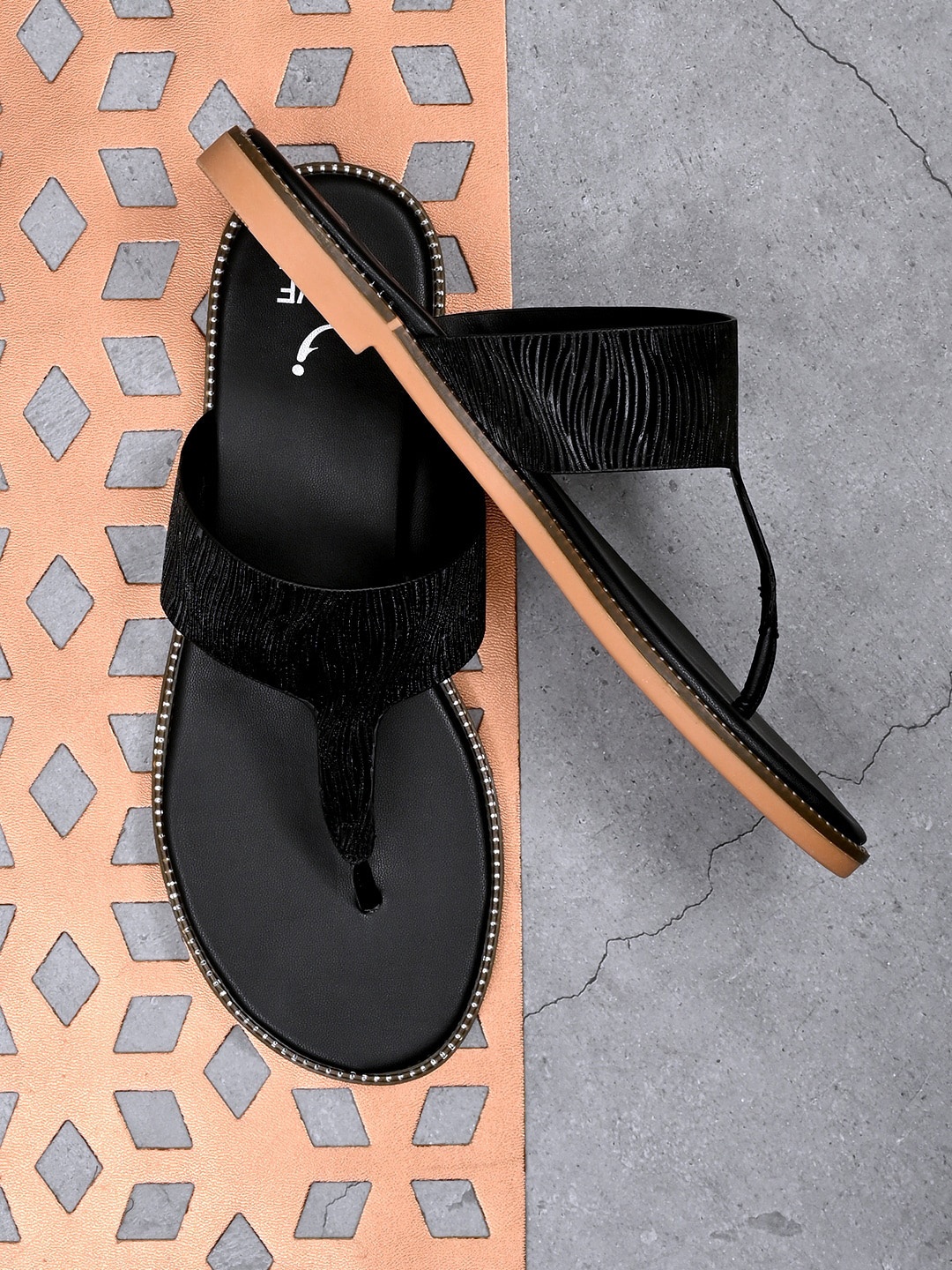 

Jove Women Black Textured T-Strap Flats
