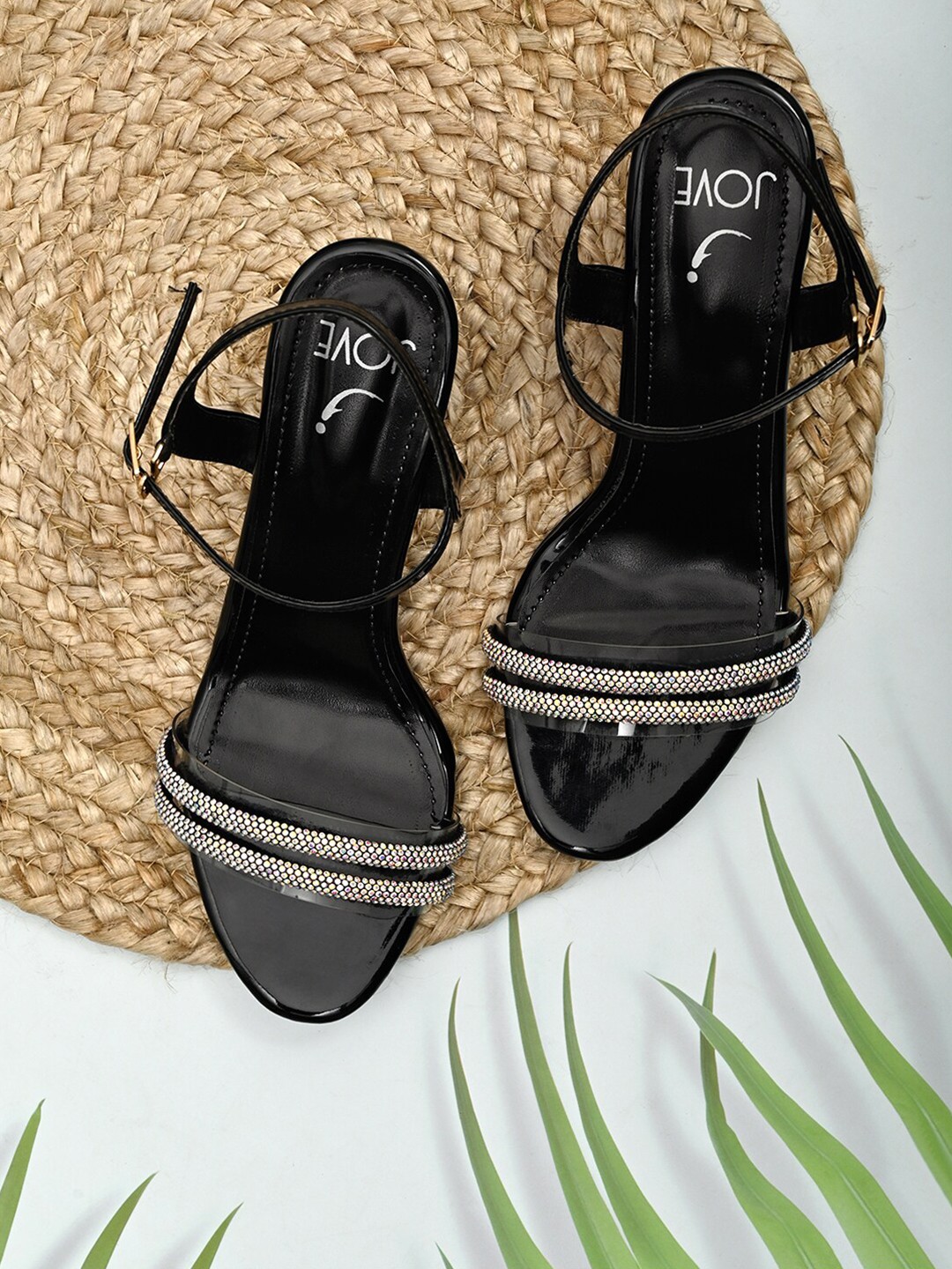 

Jove Black Embellished Party Block Sandals