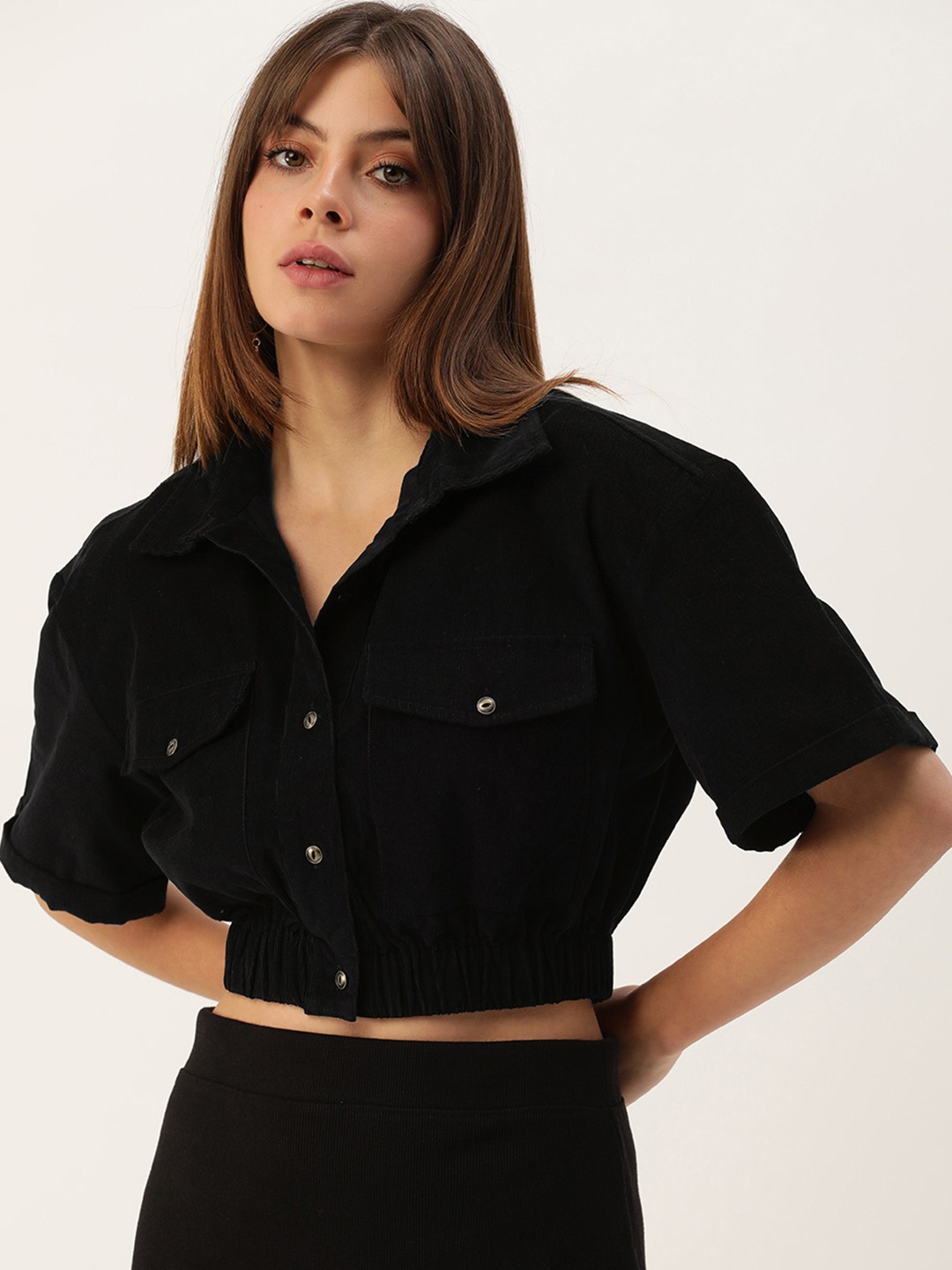 

FOREVER 21 Women Black Self Designed Shirt Style Casual Crop Top
