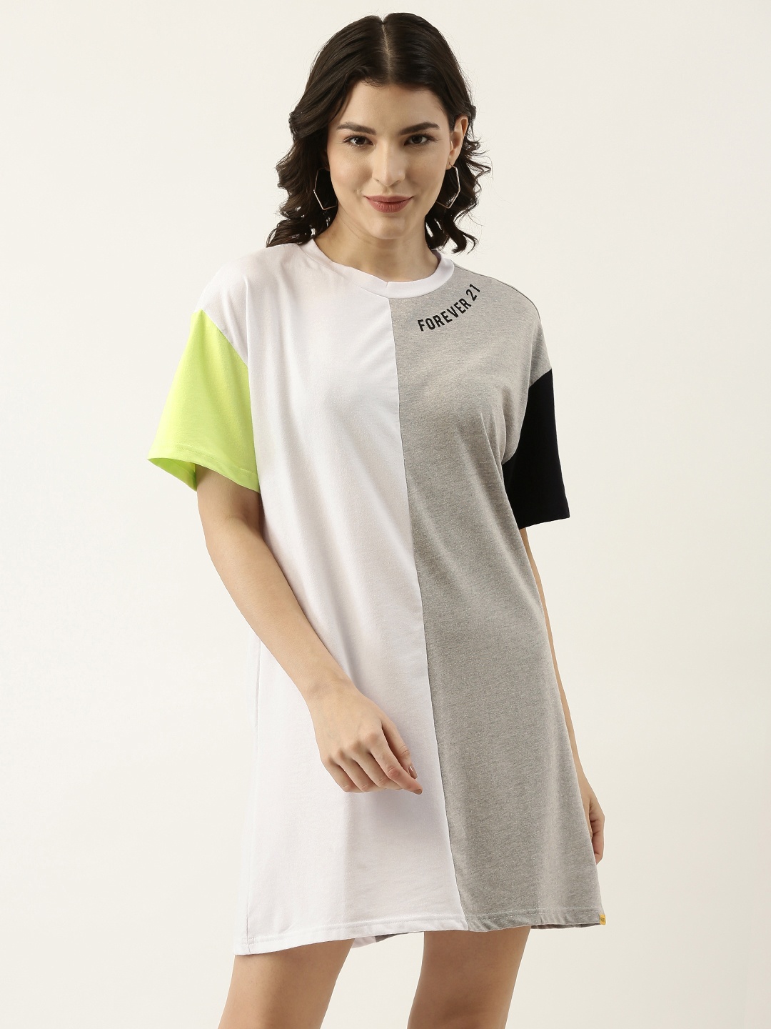 

FOREVER 21 Women Grey Melange & White Colourblocked T-shirt Dress